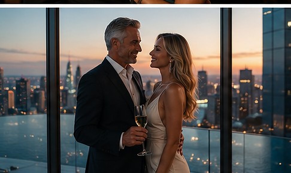 A couple overlooking the city skyline at dusk
