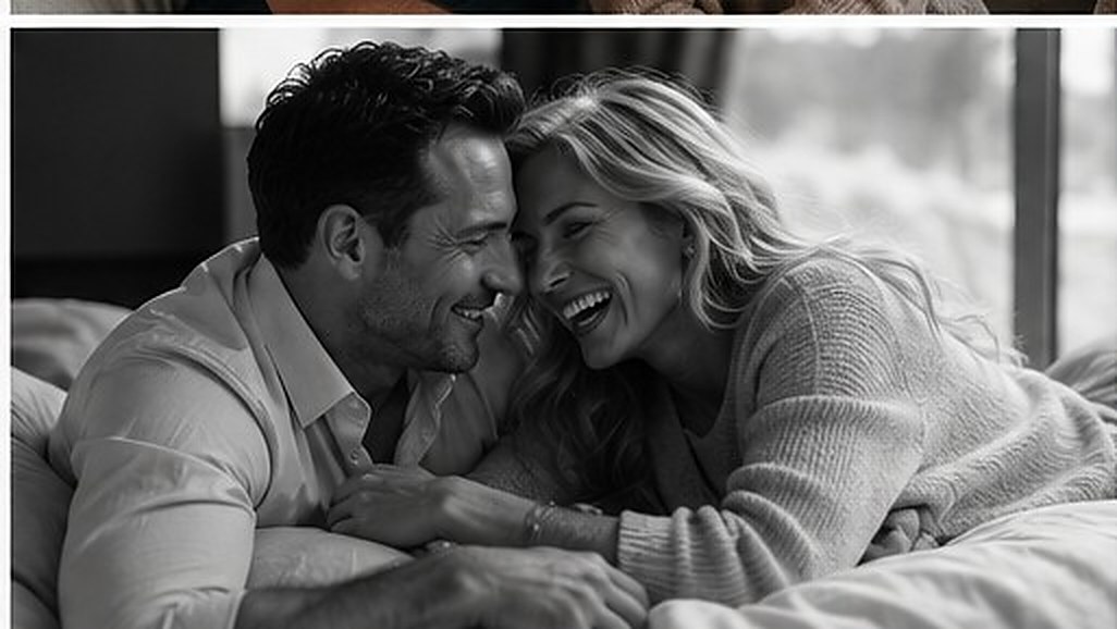 A couple sharing an intimate, joyful moment